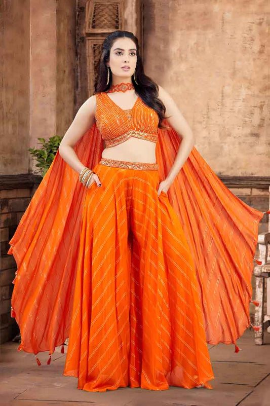 Orange Cape-Style Crop Top & Palazzo Set