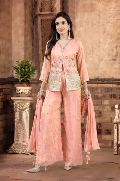 Peach Embroidered Jacket Style Kurti with Palazzo & Dupatta