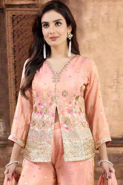 Peach Embroidered Jacket Style Kurti with Palazzo & Dupatta