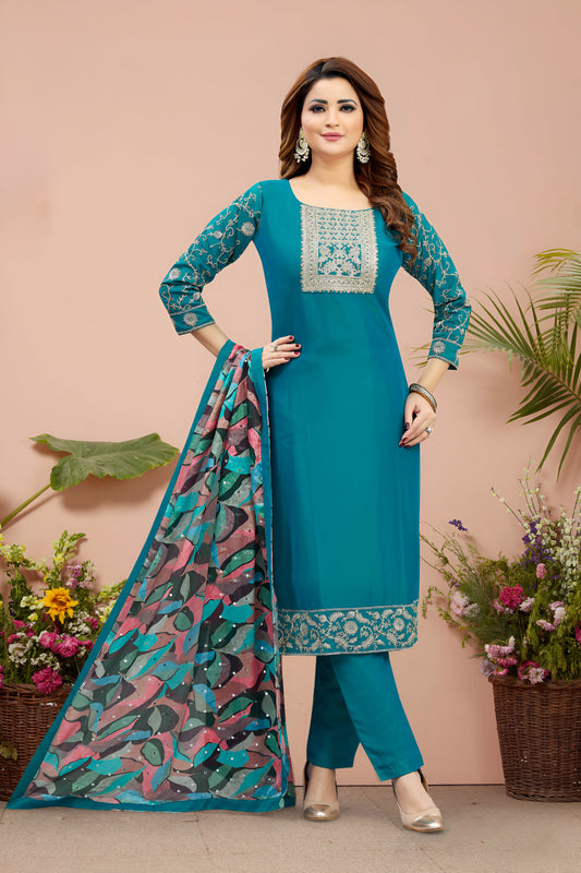 Blue Embroidered Suit with Printed Dupatta