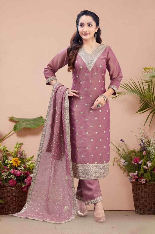 Dusty Mauve Embroidered Straight Suit with Dupatta