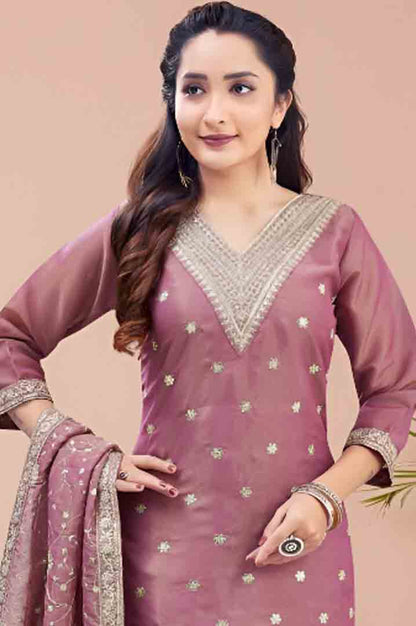 Dusty Mauve Embroidered Straight Suit with Dupatta