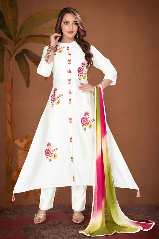 White Asymmetric Kurta Set with Multicolor Floral Embroidery & Ombre Dupatta
