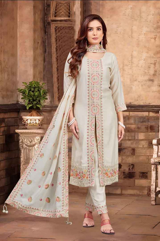 Off White Floral Embroidered Straight Suit Set with Churidar