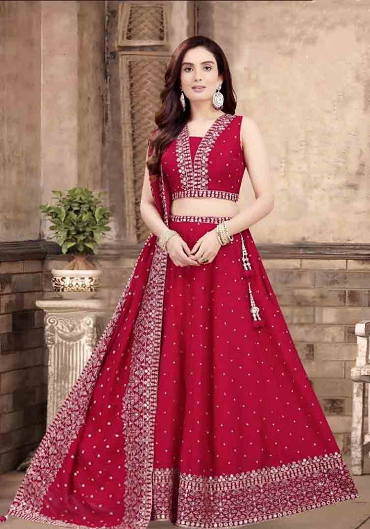 Maroon Embroidered Lehenga Choli Set with Dupatta