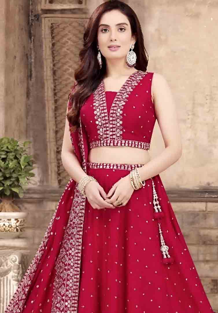 Maroon Embroidered Lehenga Choli Set with Dupatta