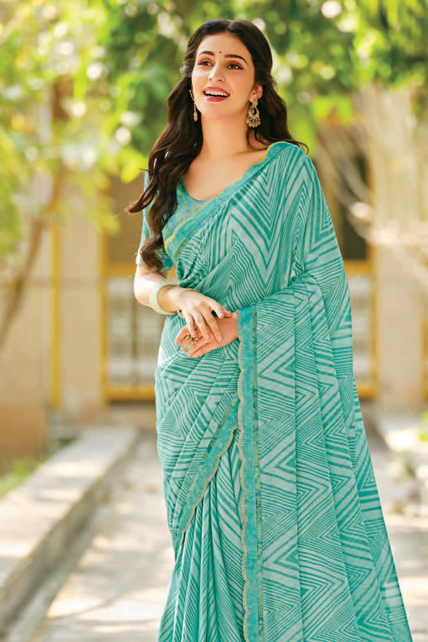 Aqua Blue Printed Georgette Saree