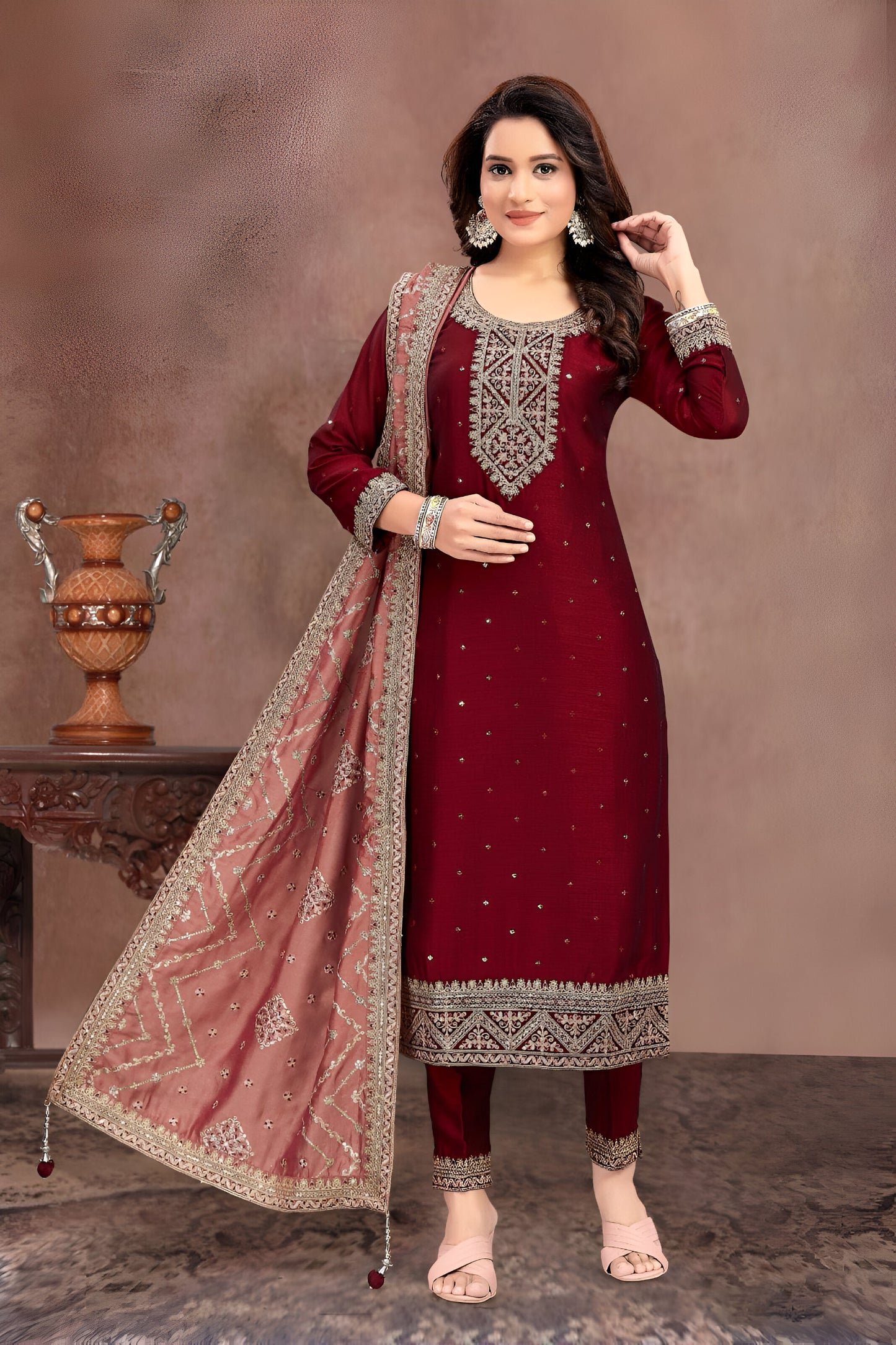 Maroon Embroidered Suit with Printed Dupatta