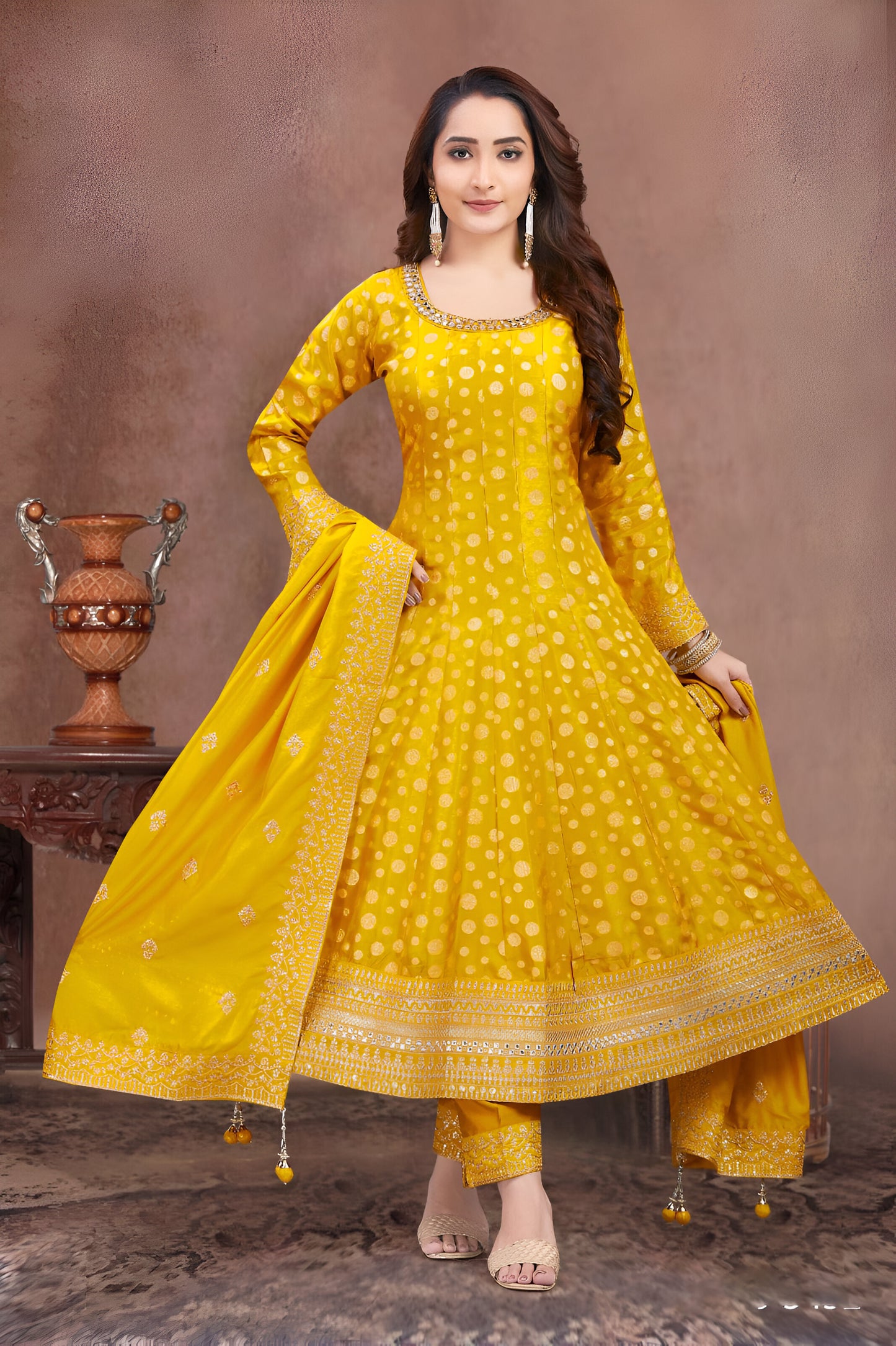 Bright Yellow Color Embroidered Anarkali Suit
