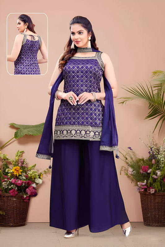 Purple Printed Sleeveless Palazzo Suit.