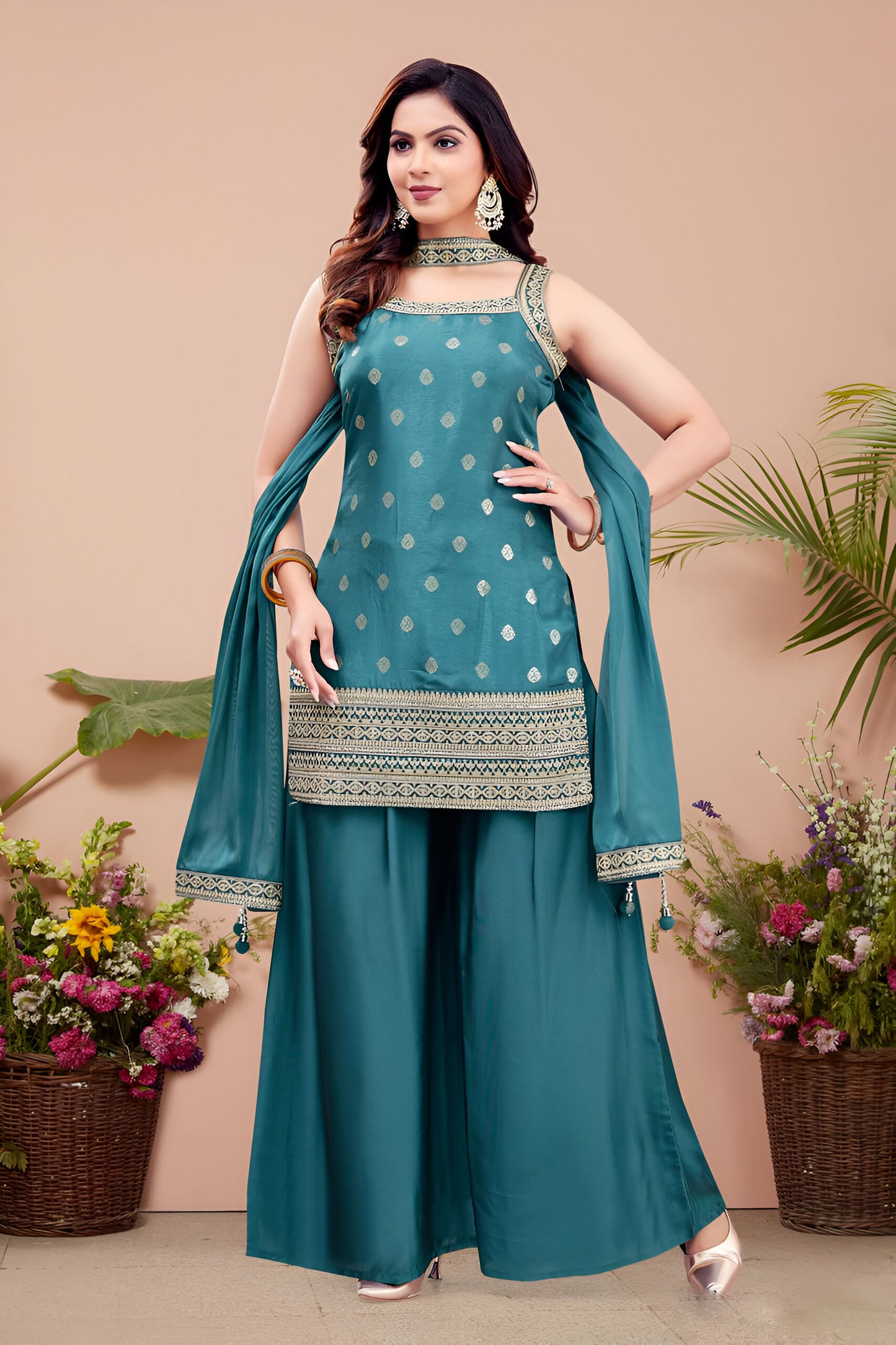 Teal Blue Sleeveless Palazzo Suit.