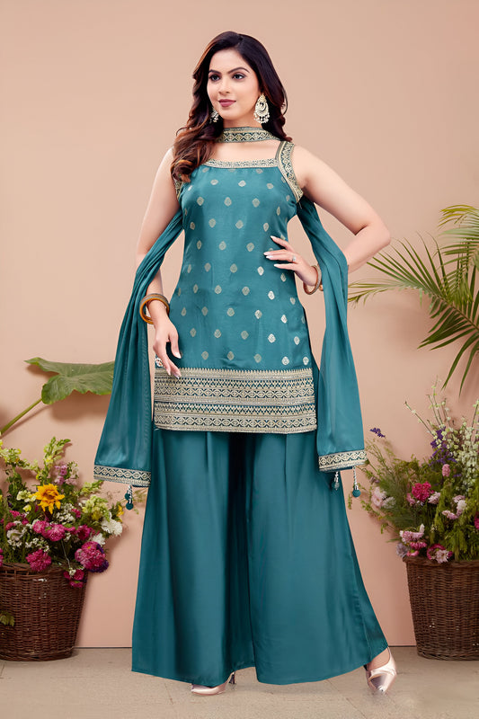 Teal Blue Sleeveless Palazzo Suit.