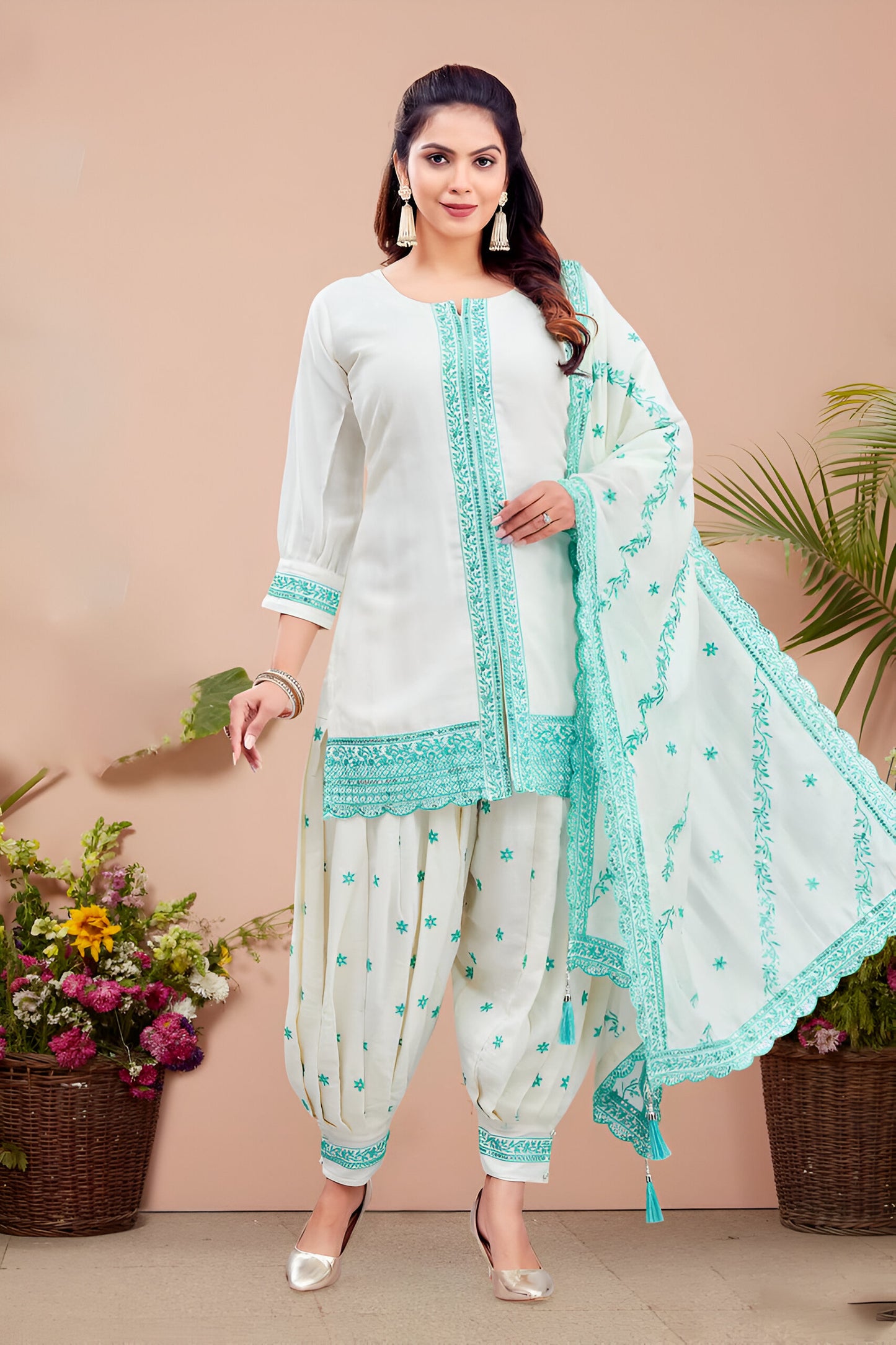 Off-White Embroidered Afgani Suit with Teal Accents