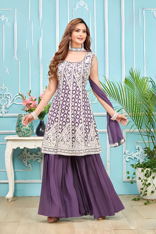 Purple Embroidered Sleeveless Palazzo Suit.