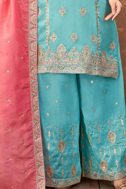 Aqua Blue Embroidered Palazzo Suit with Peach Dupatta