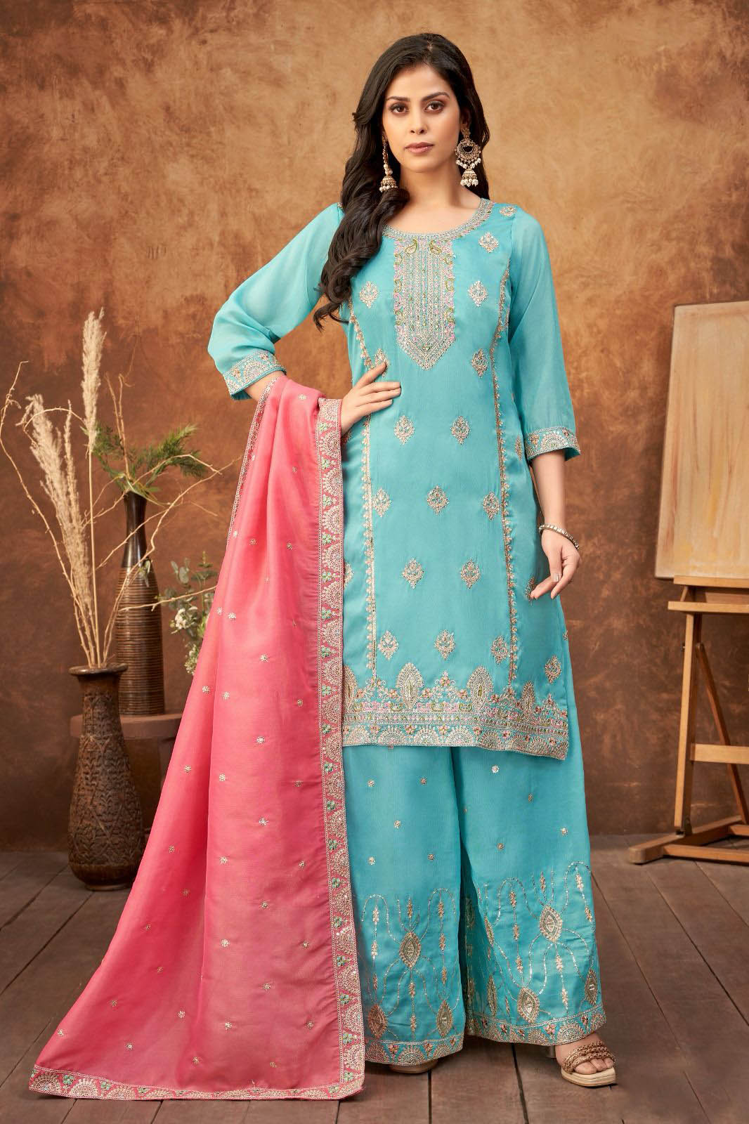Aqua Blue Embroidered Palazzo Suit with Peach Dupatta