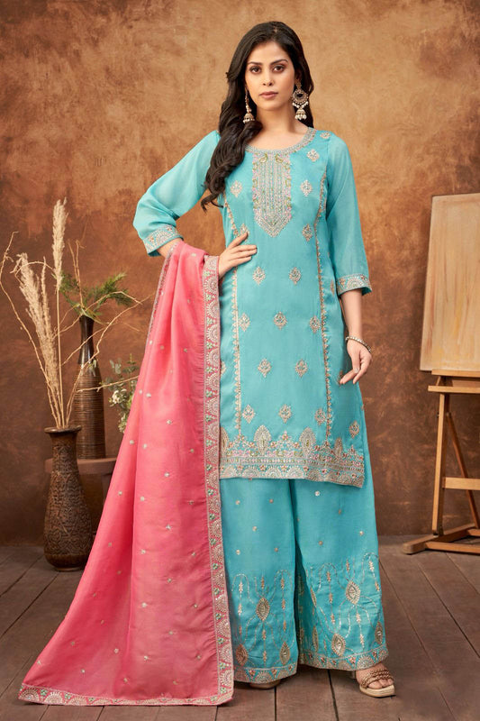 Aqua Blue Embroidered Palazzo Suit with Peach Dupatta