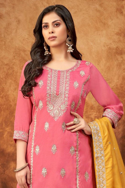 Pink Embroidered Palazzo Suit with Mustard Dupatta