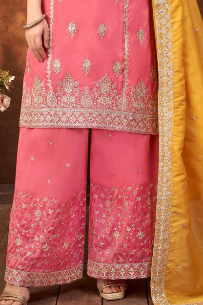 Pink Embroidered Palazzo Suit with Mustard Dupatta