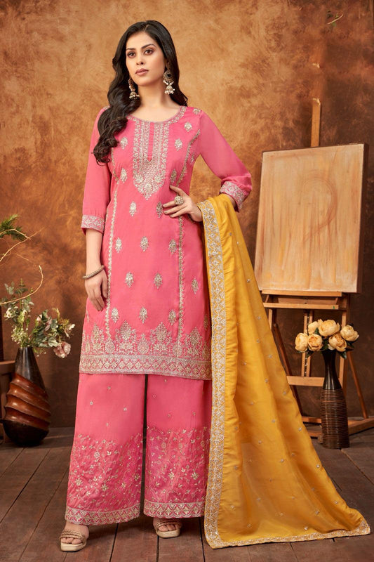 Pink Embroidered Palazzo Suit with Mustard Dupatta