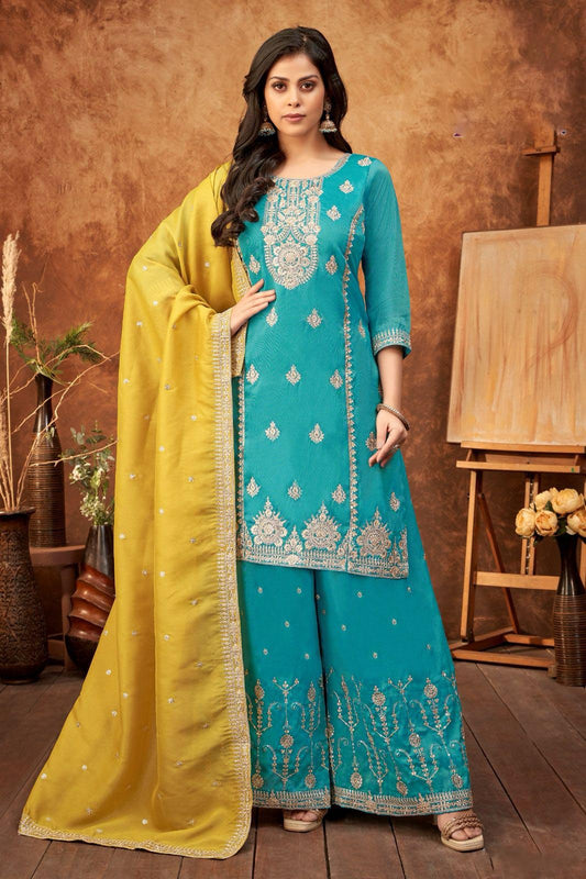 Teal Georgette Embroidered Palazzo Suit with Mustard Dupatta