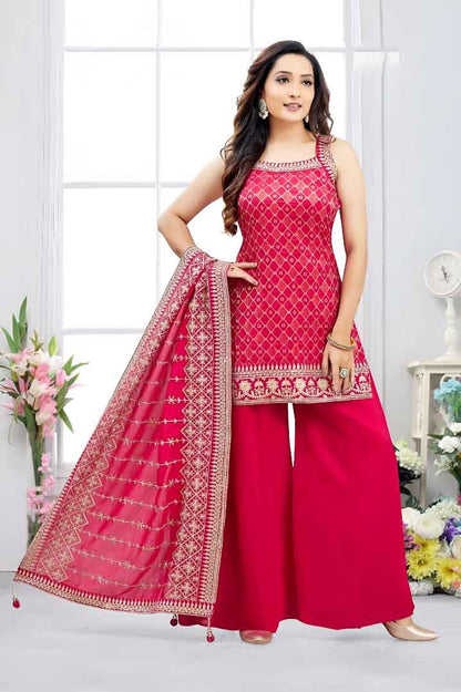 Red Embroidered Set with Palazzo & Dupatta