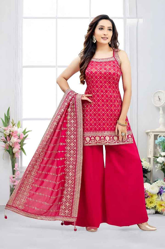 Red Embroidered Set with Palazzo & Dupatta