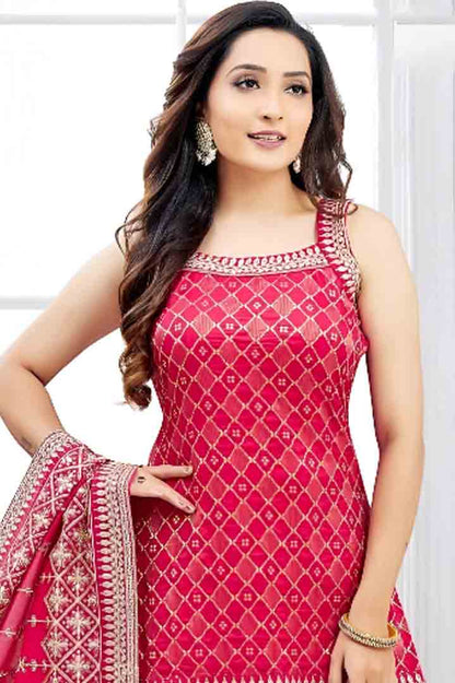 Red Embroidered Set with Palazzo & Dupatta