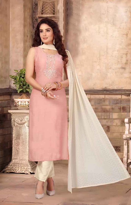Pink Embroidered Straight Suit with Ivory Dupatta