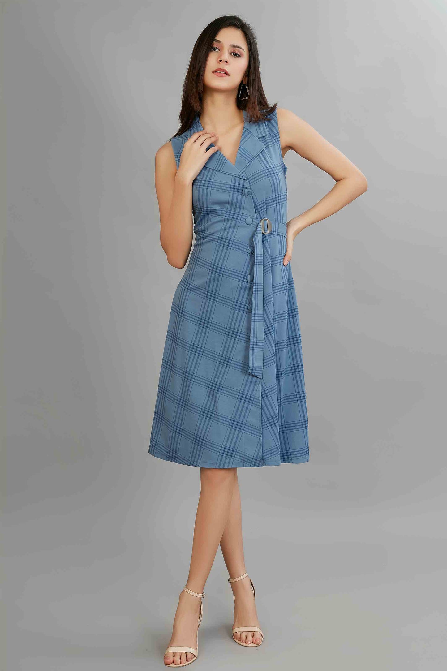 Blue Checkered Midi Dress with Detachable Sleeves