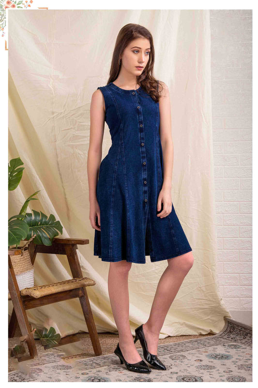 Dark Blue Sleeveless Denim Button-Down Dress