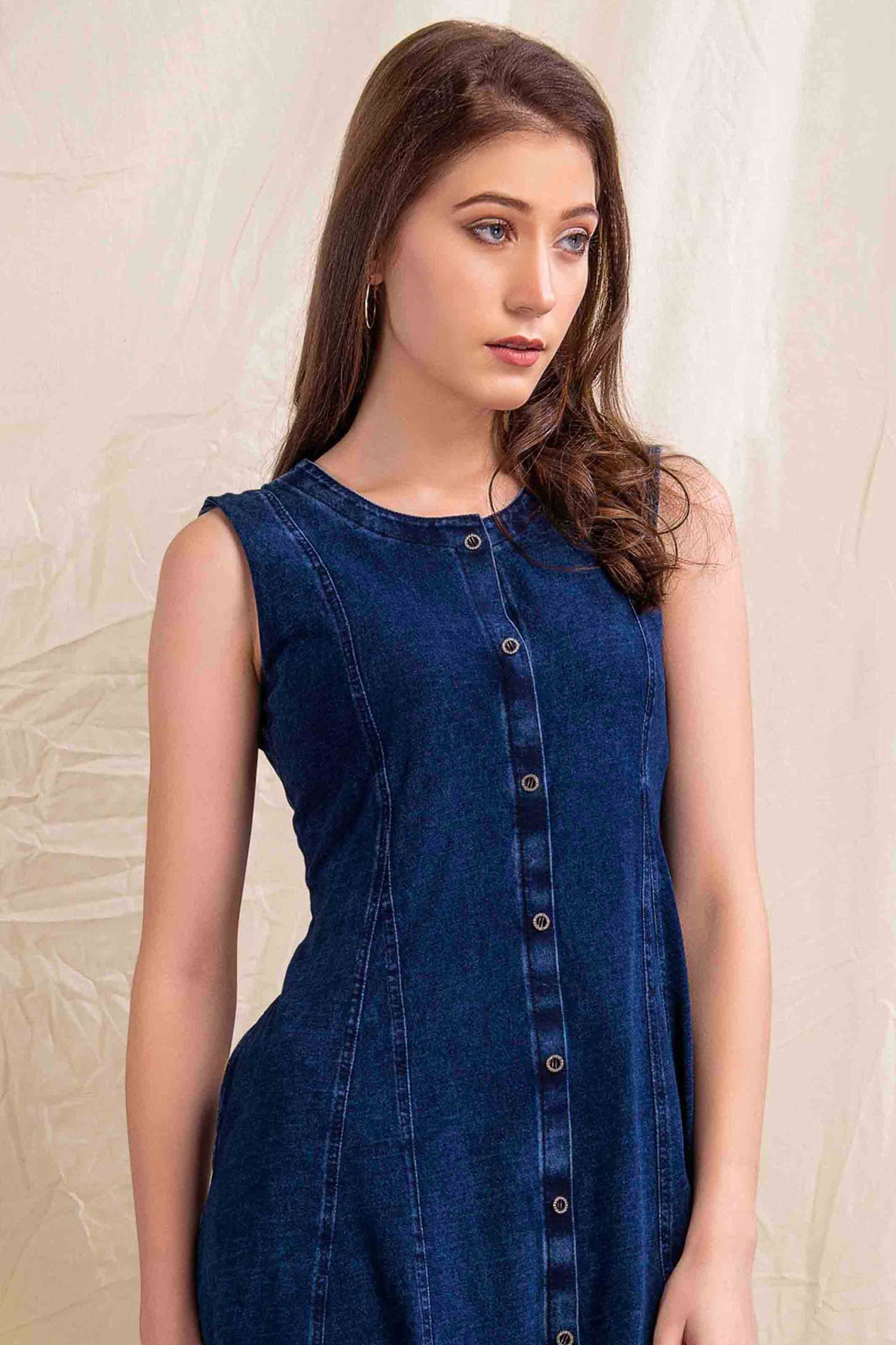 Dark Blue Sleeveless Denim Button-Down Dress