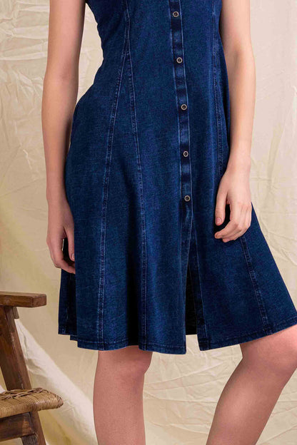 Dark Blue Sleeveless Denim Button-Down Dress