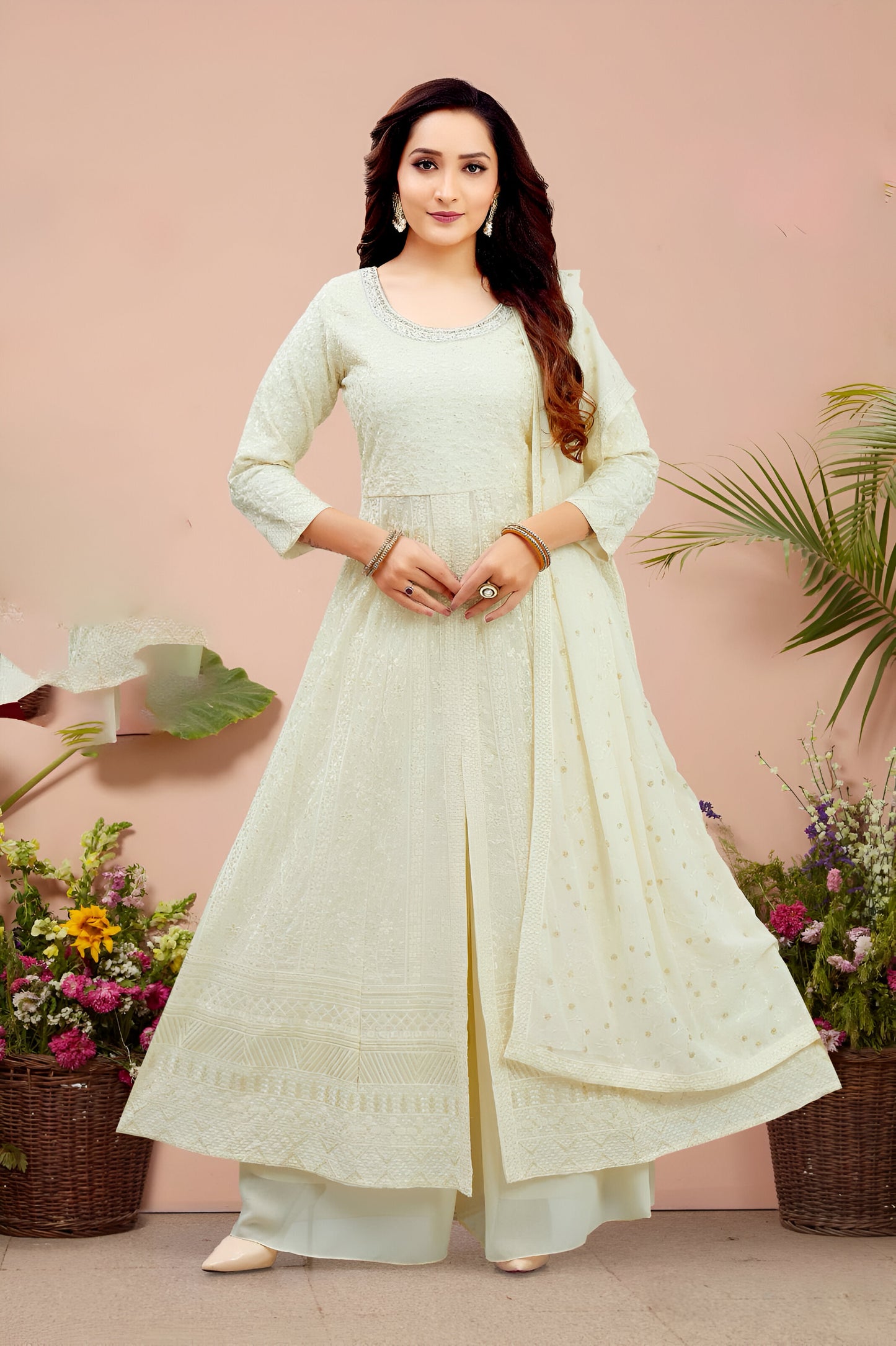 Off-White Embroidered Anarkali Palazzo Suit