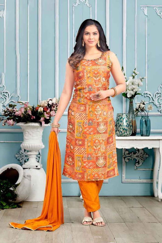 Orange Multi-Print Cotton Suit Set with Plain Dupatta