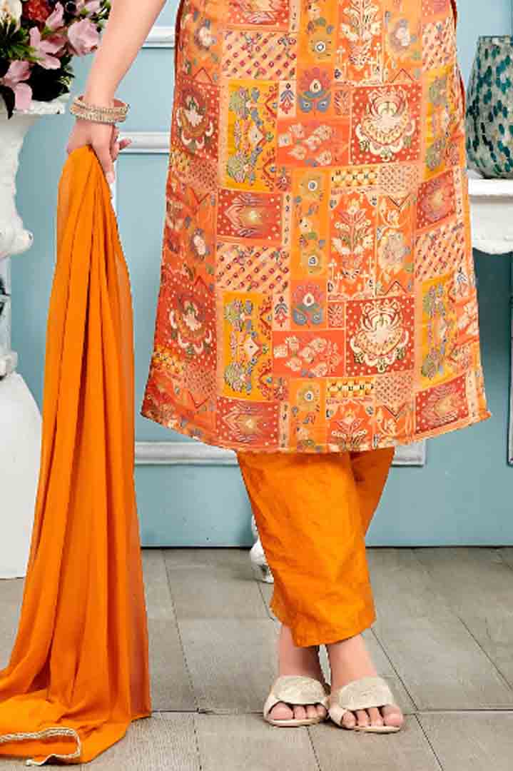 Orange Multi-Print Cotton Suit Set with Plain Dupatta