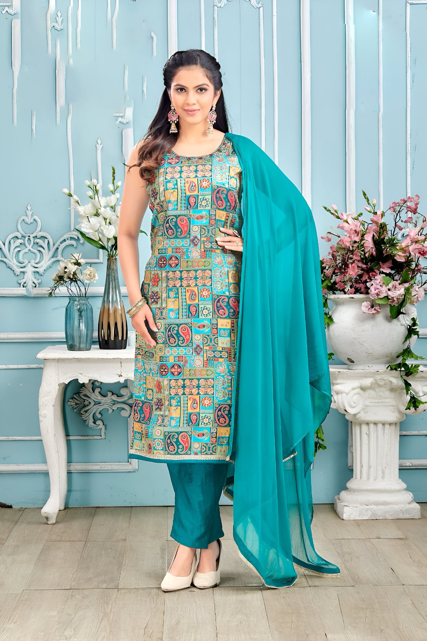 Multicolor Printed Suit with Teal Dupatta