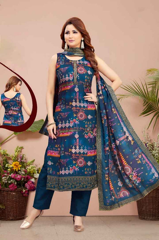 Navy Blue Ethnic Print Suit Set with Chiffon Dupatta