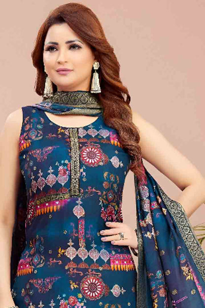 Navy Blue Ethnic Print Suit Set with Chiffon Dupatta
