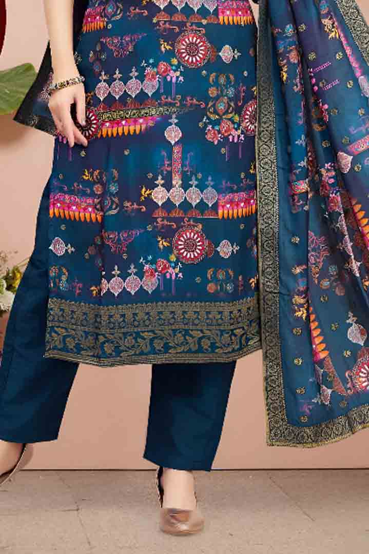 Navy Blue Ethnic Print Suit Set with Chiffon Dupatta