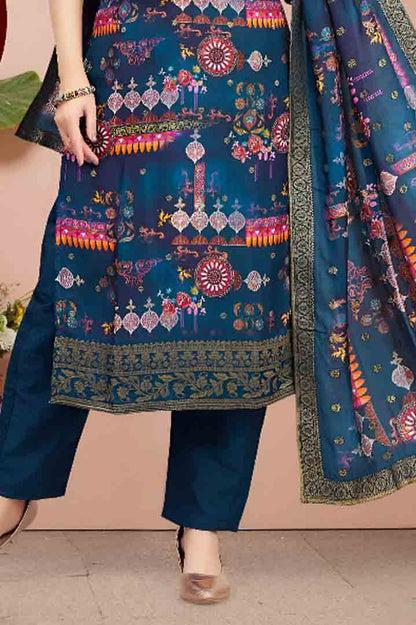 Navy Blue Ethnic Print Suit Set with Chiffon Dupatta