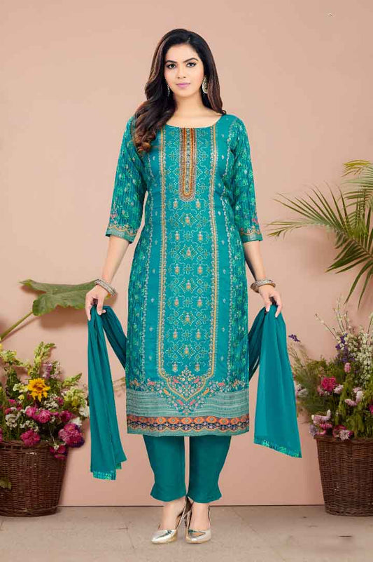Teal Green Ethnic Print Straight Suit Set with Plain Dupatta