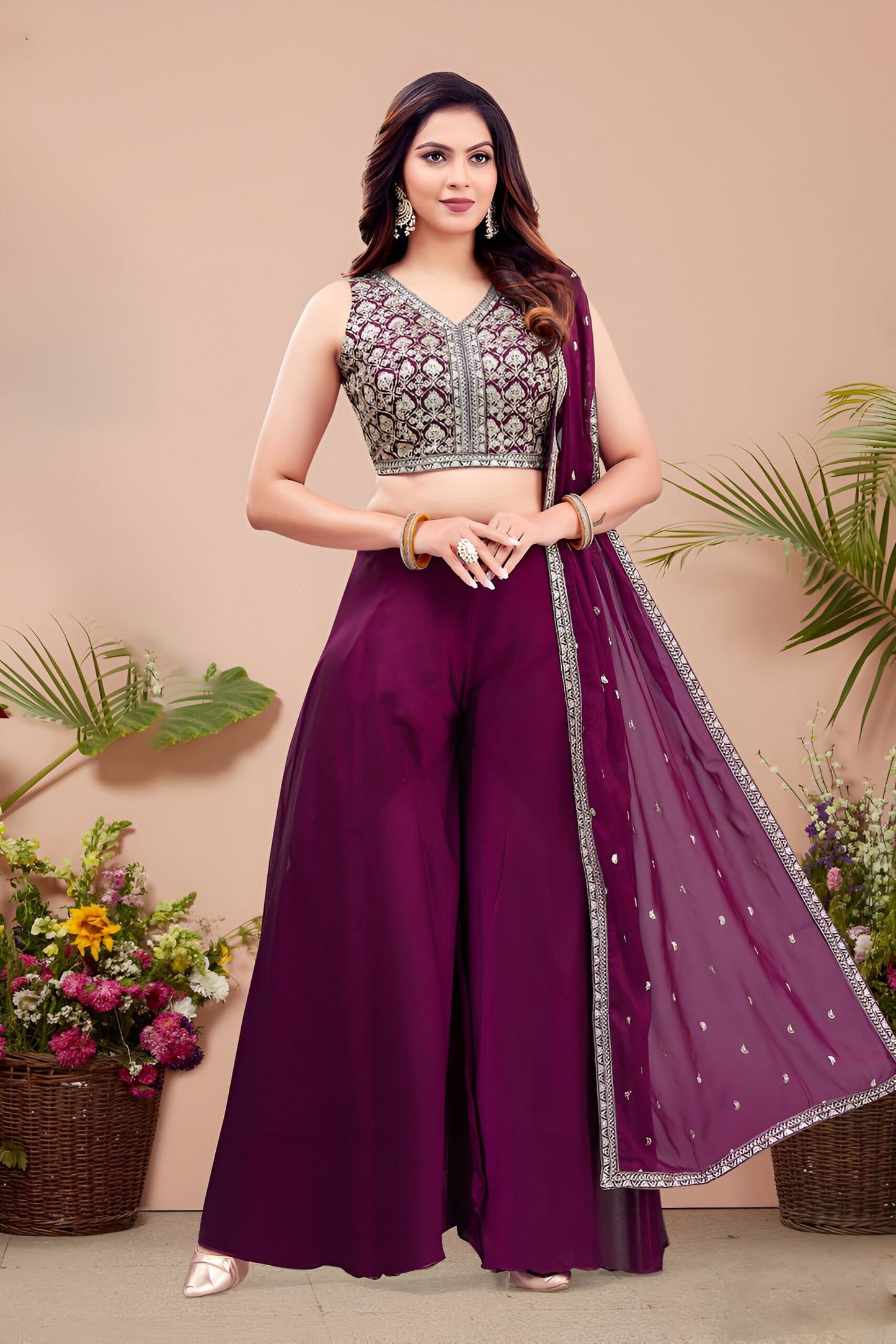 Purple Embroidered Top with Palazzo Pants and Dupatta