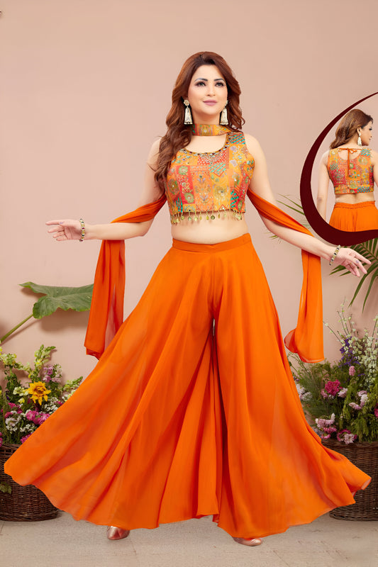 Orange Color Top with Palazzo Pants and Dupatta.