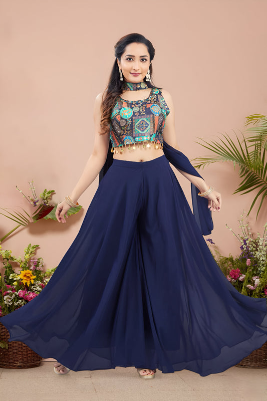 Navy Blue Color Top with Palazzo Pants and Dupatta.