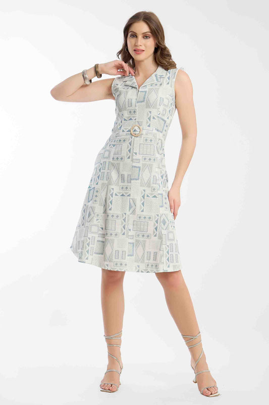Mint Geometric Print Sleeveless Midi Dress with Belt