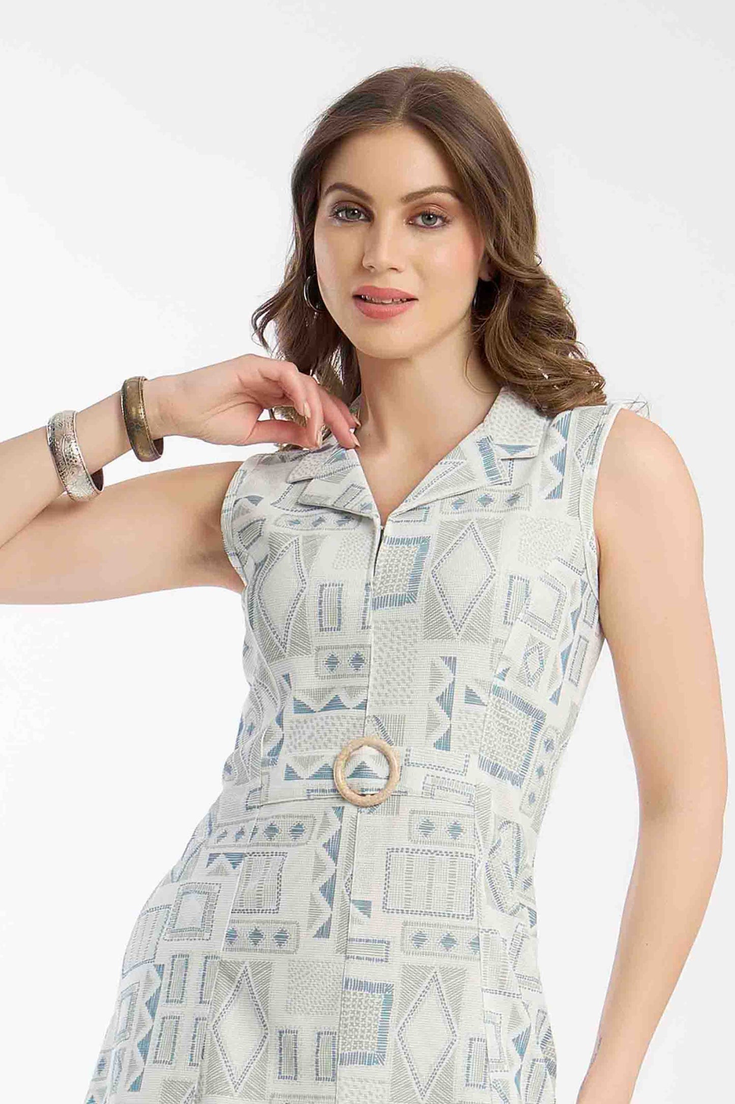 Mint Geometric Print Sleeveless Midi Dress with Belt