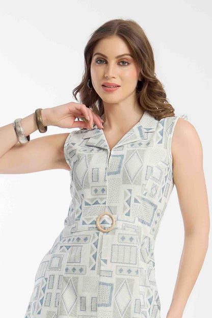Mint Geometric Print Sleeveless Midi Dress with Belt
