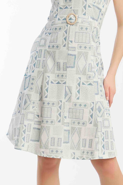 Mint Geometric Print Sleeveless Midi Dress with Belt