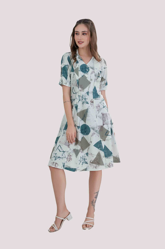 Teal Geometric Printed Fit & Flare Midi Dress